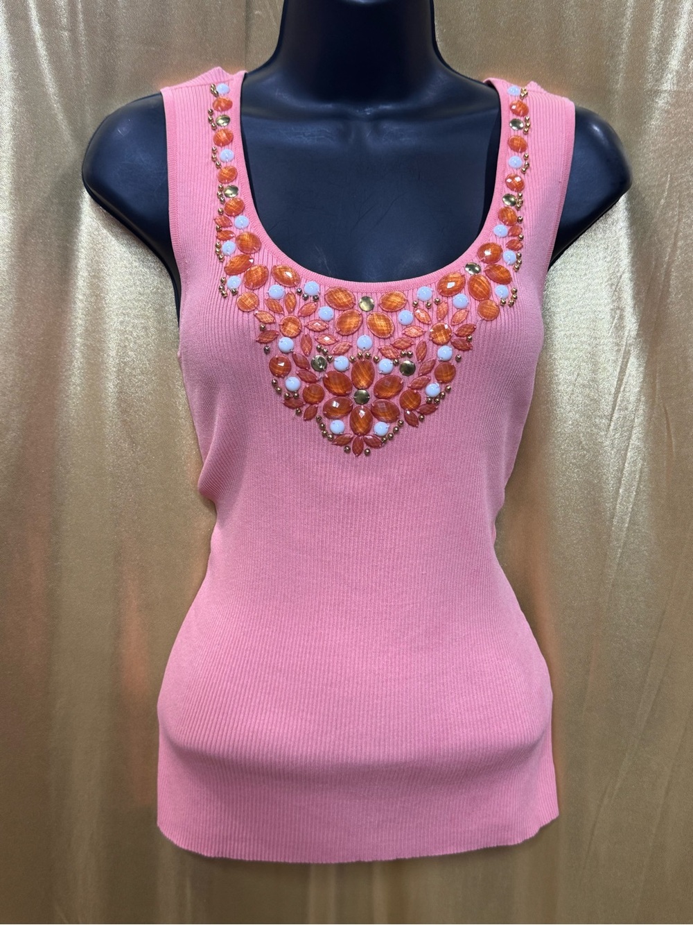 Ruby Rd. Peach Pink Embellished Tank Top Small Ribbed Knit